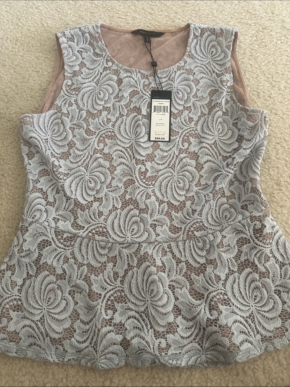 BCBG White Floral Lace Peplum Top with Blush Lining